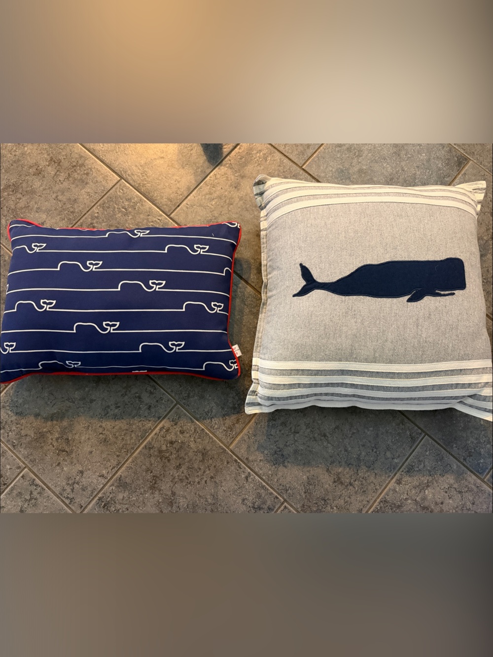 Vineyard Vines Navy Pillow with White Stripe and Red Piping and Nautica Whales